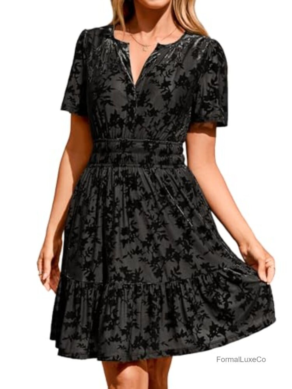 Simplee Velvet Short Sleeve V Neck Mini Dress with Pockets